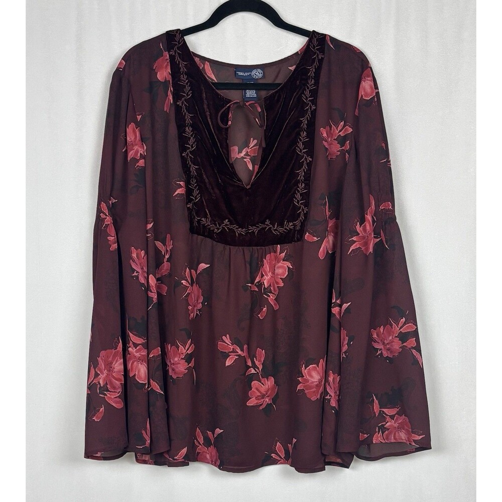 Venezia Plus Size Women’s 26/28 Floral Chiffon Blouse Burgundy Velvet Trim Y2K